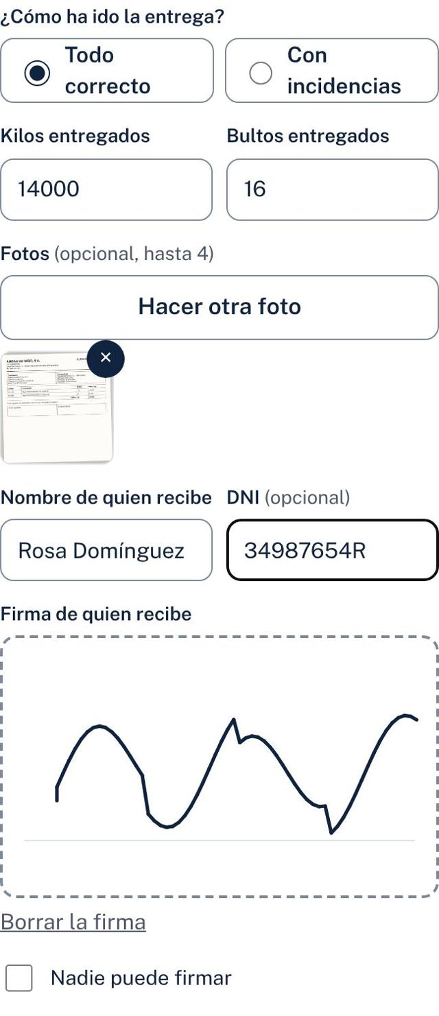 Firma de la entrega en el móvil del conductor