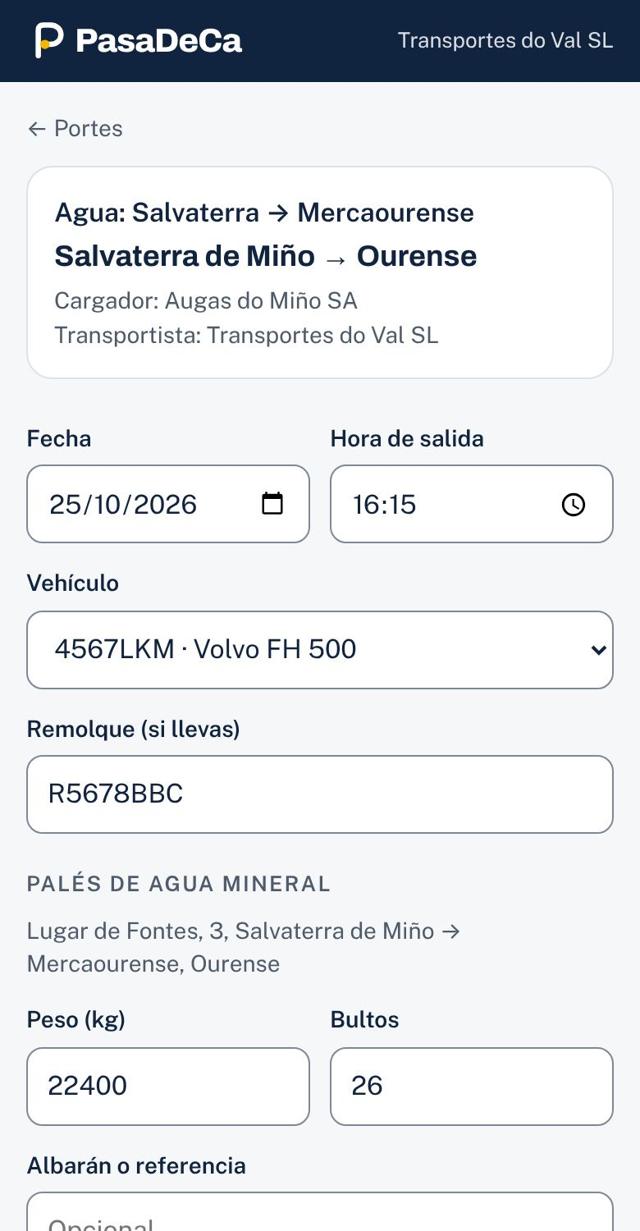 El conductor repite un porte habitual desde su app
