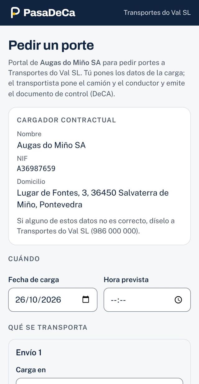 Portal del cliente para pedir un porte